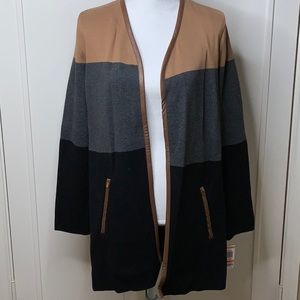 Cardigan: black, gray, brown with leather piping